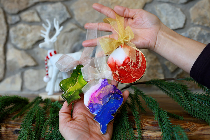 Holiday Ornaments with Alcohol Ink & Gold Leaf