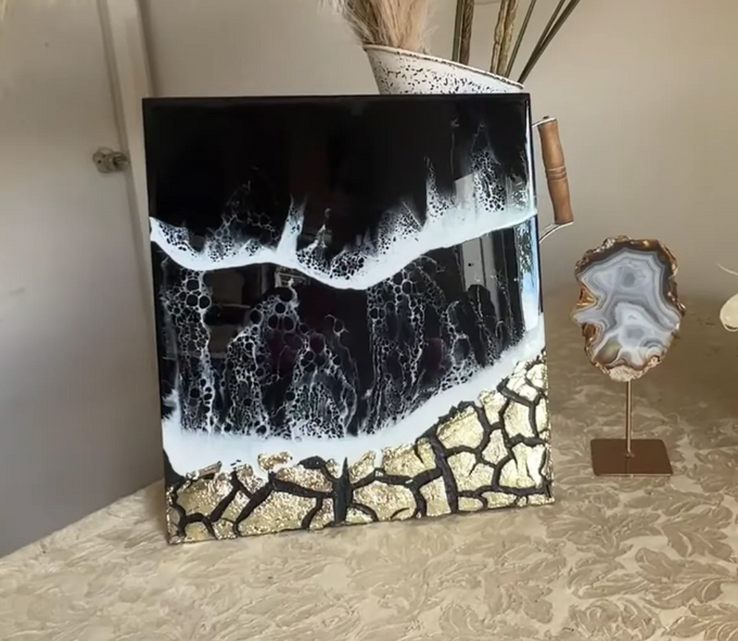 Black Ocean Art with a Gold Crackle Shoreline