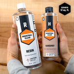Two bottles, one labeled as resin and the other as hardener, for a 48 oz kit of rock-hard epoxy resin.