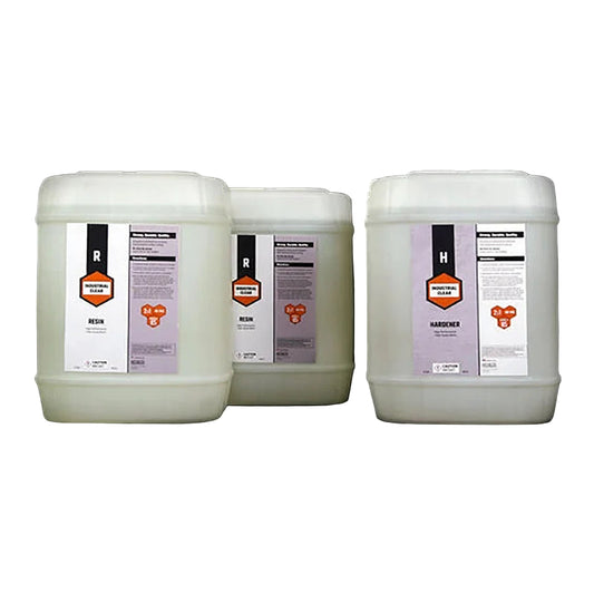 Containers of 15 Gallon Kit Rock-Hard Epoxy Resin.